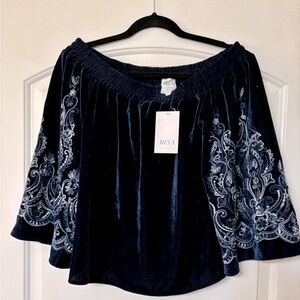 Miss Los Angeles blue velvet off shoulder top